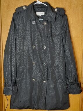 Calvin Klein Black Leopard-Effect Double-Breasted Rain Trench Coat M